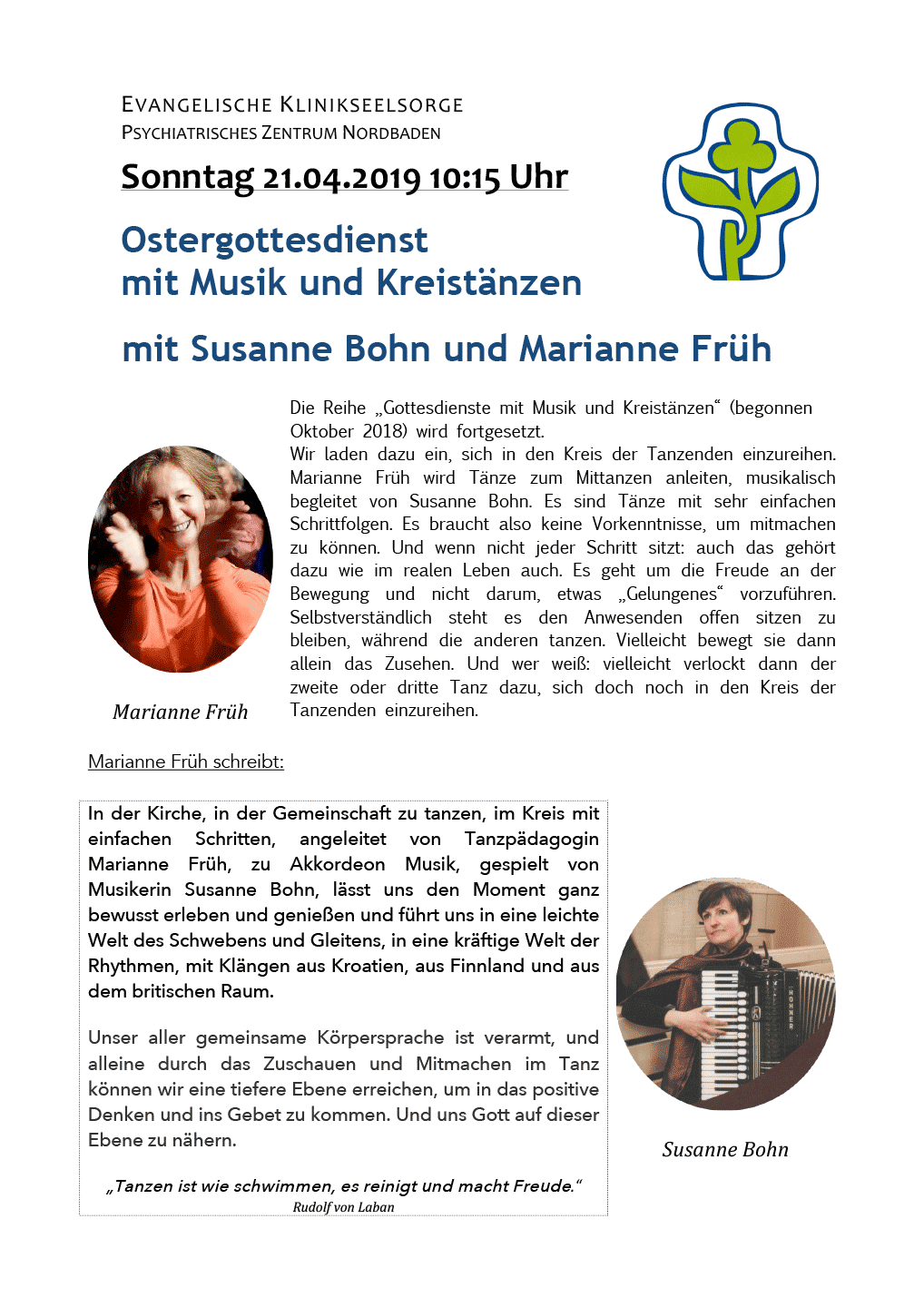 Plakat Ostergottesdienst 2019 mit Musik und Kreistänzen mit Susanne Bohn und Marianne Früh.